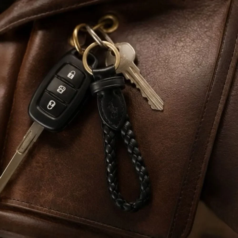 Polo Ralph Lauren Braided Genuine Leather Key Chain Black Brass Ring NWT Pony